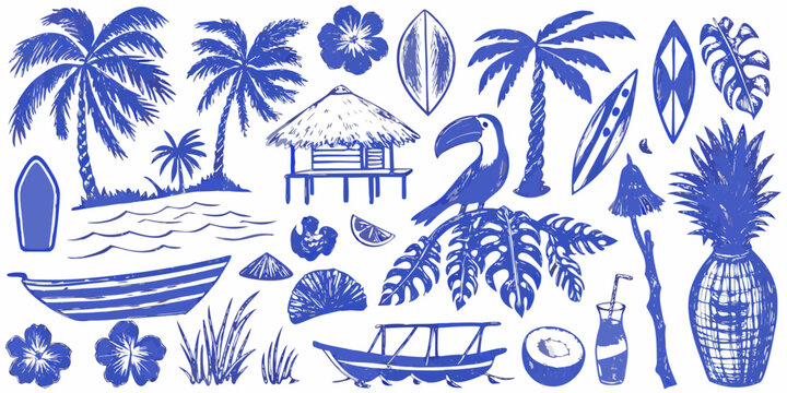 tropical scene detailed illustration with palm trees surfboards and beach hut sketch style color blue ocean waves boat flower coconut drink