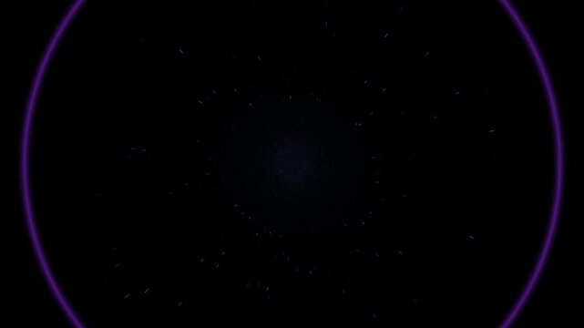 Glowing neon rings with radiating light particles on dark background