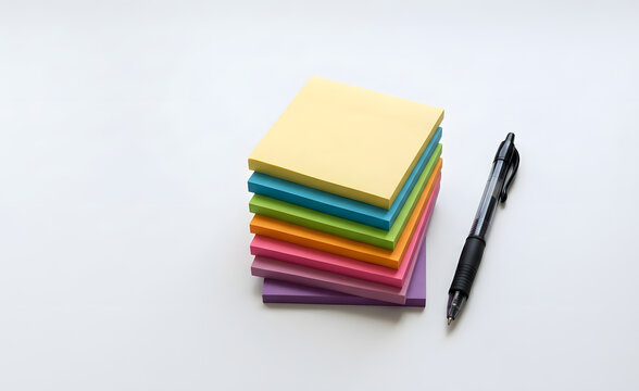 Stack of colorful blank sticky notes with black pen on white background