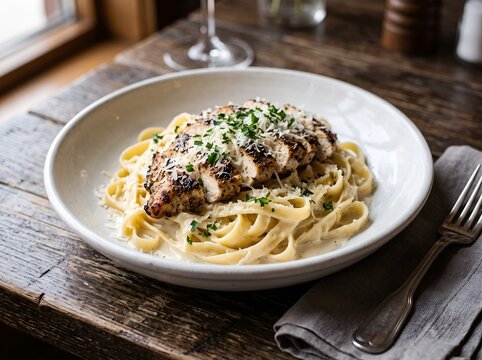 Fettuccine Alfredo With Grilled Chicken Creamy Sauce And Parsley Garnish
