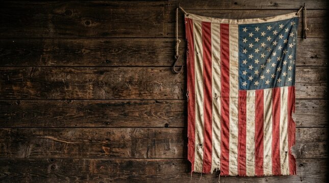 Veterans day tribute worn american flag on wooden background