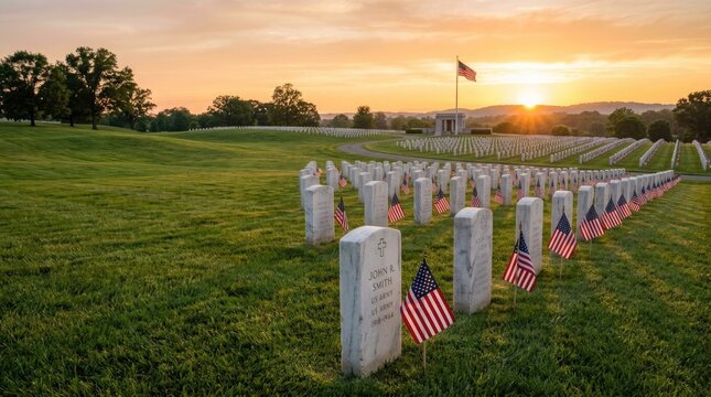 Veterans day remembrance serene sunset over rows of american flags at arlington national cemetery