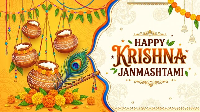 Happy Janmashtami festival banner template design with dahi handi and peacock feather.