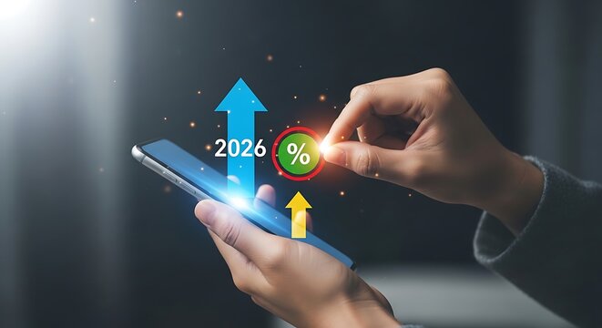 Hand holding smartphone with 2026 growth arrow and percentage icon in dark style