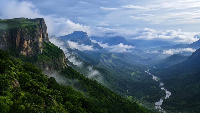 Western Ghats mountain landscape, dramatic cliffs, dense forest, low clouds, winding river below, lush and cinematic natural background