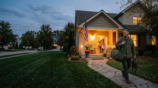 Heartwarming veterans day homecoming scene soldier returns to family