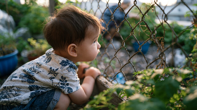 Child crouching to peer through gap in fence at elderly neighbor tending rooftop garden urban air pollution aging lung health child perspective generational contrast particulate matter awareness adv