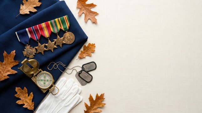 Honoring service veterans day commemorative display with medals dog tags compass and gloves