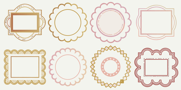 vintage decorative frames in pastel colors and elegant line art ovals rectangles scalloped borders ornate designs illustration vector graphic pattern background