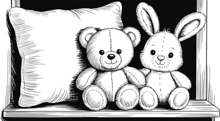 Hand-drawn teddy bear and bunny rabbit plush toys, cute stuffed animals sitting on shelf with pillow, black and white sketch vector illustration