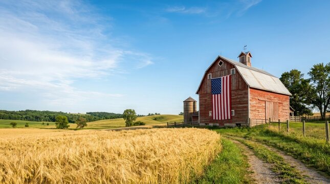 Veterans day rural scene american flag painted on barn in golden wheat field landscape