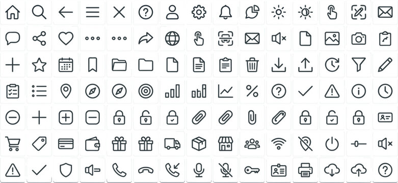 Mega collection of universal web and mobile user interface line icons including navigation setting security profile and ecommerce menu elements isolated on white background