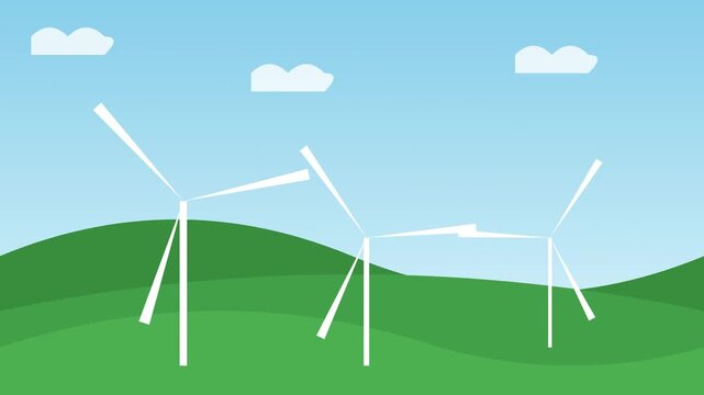 White wind turbines rotating on green rolling hills under a blue sky