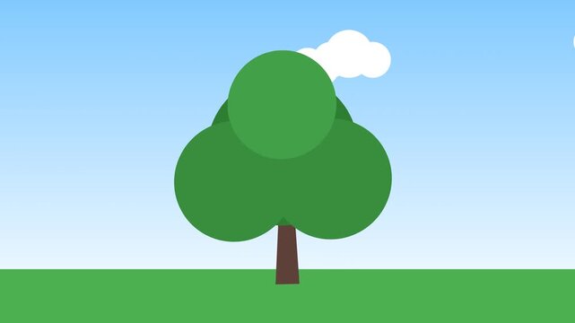 Clouds moving across a flat design landscape with a tree