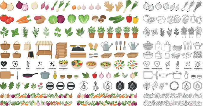 Fresh Organic Vegetables and Farmers Market Element Set with Icons Kitchenware Gardening Tools Borders and Line Art Vector Illustrations