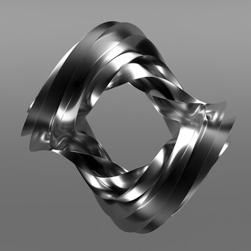 Metallic twisted ribbon sculpture on neutral gray background for futuristic abstract wallpaper and modern 3d design element .3d render
