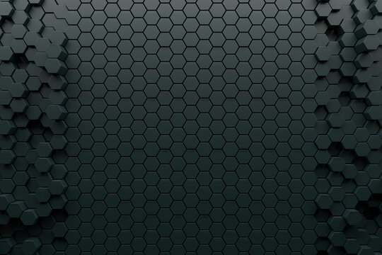 Dark hexagonal honeycomb geometric pattern with raised tiles for modern technology background and banner design .3d render