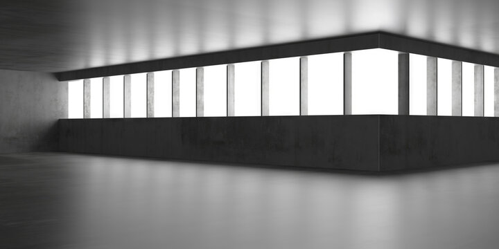 Monochrome concrete corner room with high clerestory windows and reflective floor for architectural background and exhibition space design .3d render