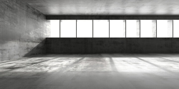 Empty industrial concrete interior with long clerestory windows for architectural background and interior design visualization.3d render