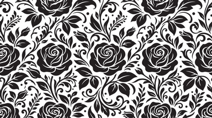 Black and white floral seamless pattern with roses, elegant vintage damask botanical wallpaper background © RODLA