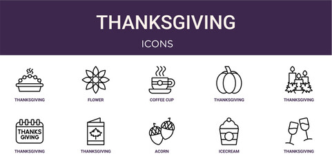 Set of 10 linear Thanksgiving icons for interface projects, presentations and web graphics. Outline symbol collection with flower, thanksgiving, thanksgiving, acorn and icecream. © James