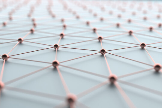 Copper node network lattice pattern on soft blue surface for technology background and minimalism design.3d render