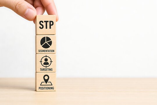 Hand stacking wooden blocks with stp marketing strategy icons for business planning