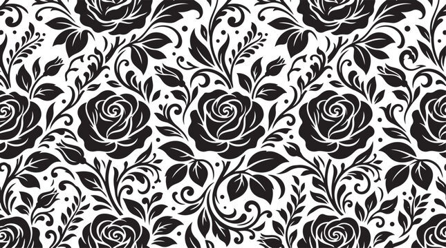 Black and white floral seamless pattern with roses, elegant vintage damask botanical wallpaper background