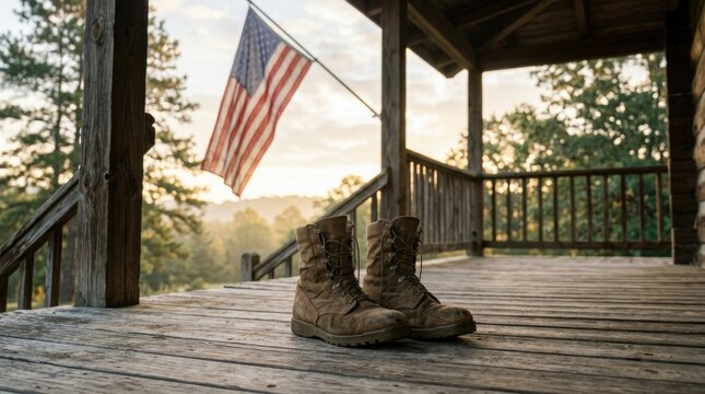 Honoring veterans day military boots and american flag on wooden porch at sunset