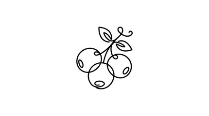 Minimalist line art of three berries on a branch with leaves and a swirl, white background © excange