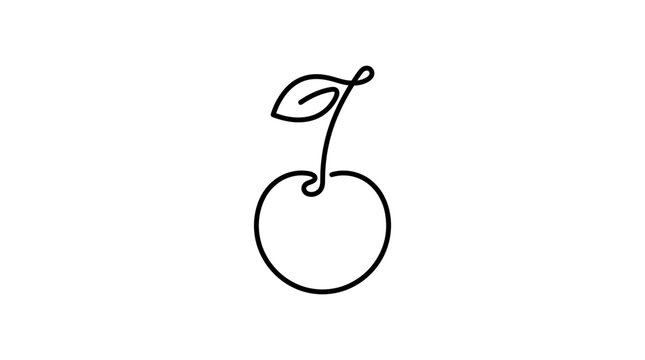 Minimalist continuous line drawing of a cherry with a single leaf on a white background.