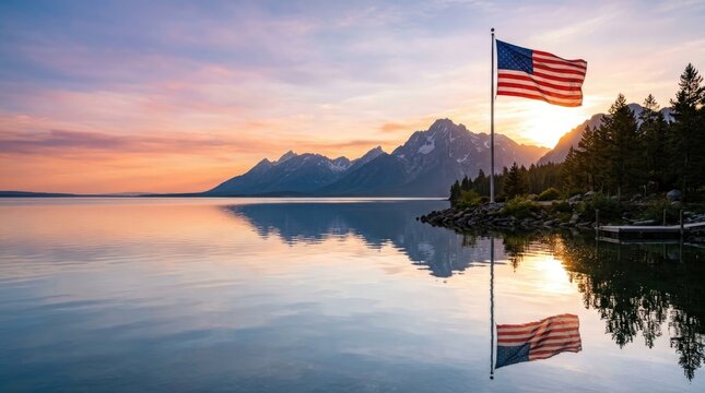 Veterans day patriotic scene american flag waving at sunrise over mountain lake landscape