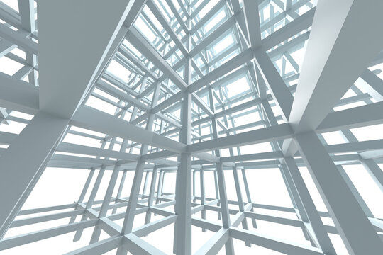 Complex structural lattice of intersecting beams and columns with skylight illumination for architectural background and concept design .3d render