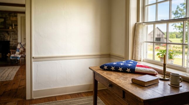 Veterans day tribute folded american flag on a wooden table by a window