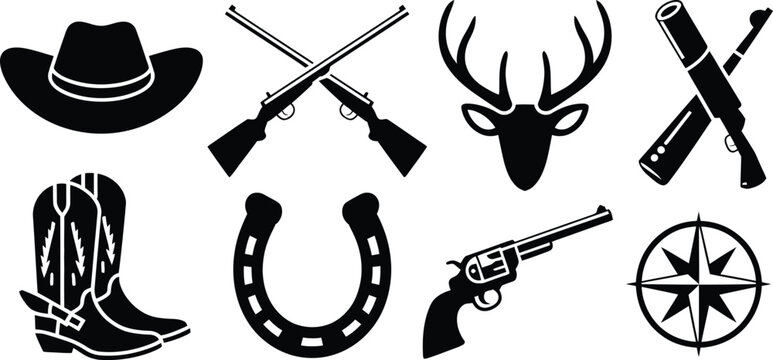 Wild West cowboy icons set, black silhouette hunting and ranching vector elements, western lifestyle graphics with deer head and guns
