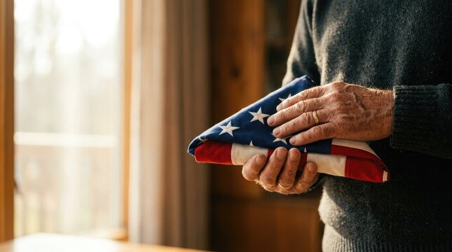 Honoring veterans day senior man holding folded american flag with respect and remembrance