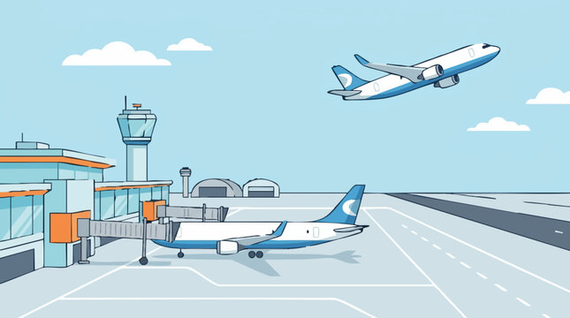 Airport terminal, control tower, and planes in flat design illustration