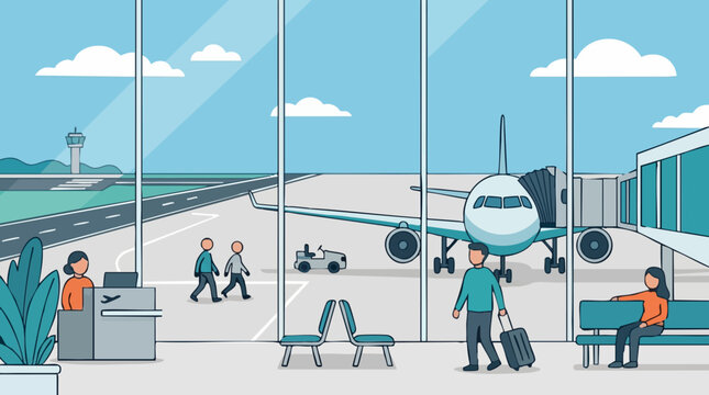 Airport terminal with passengers, airplane, and control tower illustration