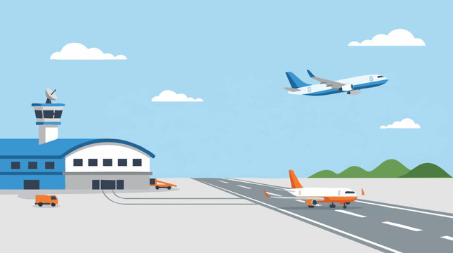 Busy airport with passenger planes on runway and in air, flat design