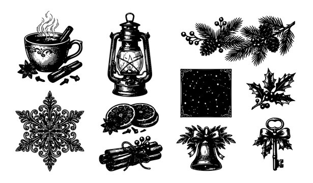 Vintage winter holiday botanical sketch vector set with detailed black ink Christmas engraving illustrations