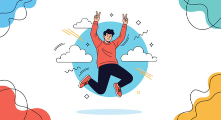 Fototapeta premium Happy man enthusiastically jumping in the air, making a peace sign with both hands, surrounded by abstract shapes and clouds, symbolizing joy, freedom, and success.