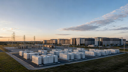 Fototapeta premium Grid Scale Battery Storage Stabilizing Power for AI Data Center