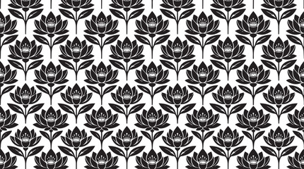 Black and white lotus seamless pattern, elegant symmetrical floral damask, repeating botanical ornament background © RODLA