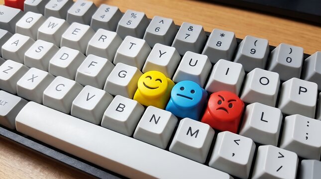 Mechanical keyboard with emoji keycaps, customer feedback and sentiment analysis concept, colorful happy neutral and angry face icons on keys