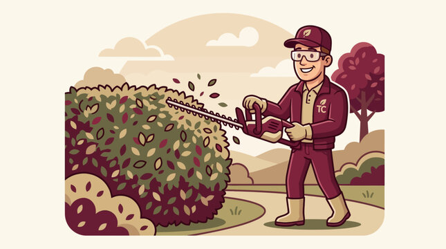 Man trimming large bush with electric hedge trimmer outdoors in garden