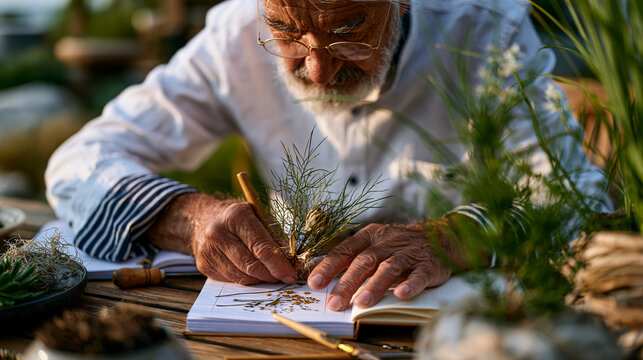 Retired botanist pressing dried plant specimen into journal at outdoor wooden table dawn mist rising from valley nature exposure aging stress cortisol reduction parasympathetic healing physiological