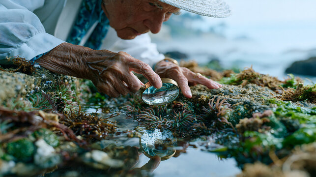 Retired marine biologist pressing magnifying glass against tide pool edge studying anemones nature exposure aging immune system parasympathetic nervous system outdoor coastal healing early morning m