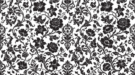 Black and white floral damask seamless pattern, elegant vintage botanical wallpaper background, ornate scroll repeat print © RODLA