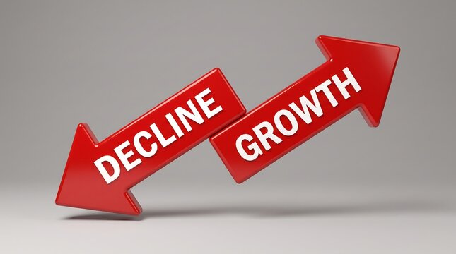 Red 3D arrows showing growth and decline, business success and failure concept, financial market trends with upward and downward indicators