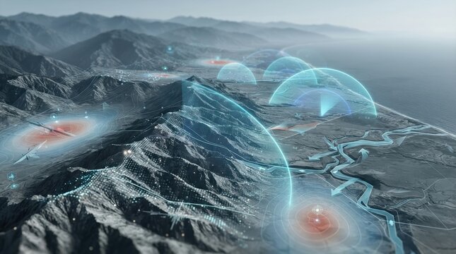 Remote-sensing visualization over mountain ridges and coastal plains, featuring radar sweep arcs, pixelated elevation data, and offset river channels, turning earthquake analysis into a clean science